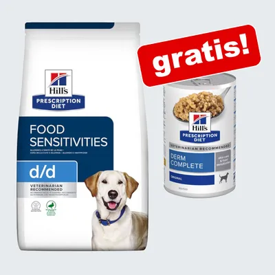 Pachet Hill's Prescription Diet: sac Food Sensitivities d/d și conservă Derm Complete, etichetă roșie cu textul „gratis!” vizibil pe conservă.