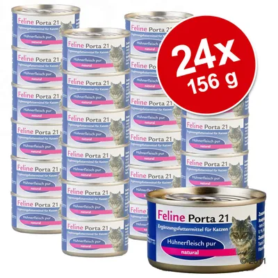Lot de 24 boîtes Feline Porta 21, 156 g chacune, étiquette visible : Hühnerfleisch pur natural, alimentation complémentaire pour chats, image d’un chat sur l’emballage. Lot de 24 boîtes Feline Porta 21, 156 g chacune, étiquette visible : Hühnerfleisch pur natural, alimentation complémentaire pour chats, image d’un chat sur l’emballage.