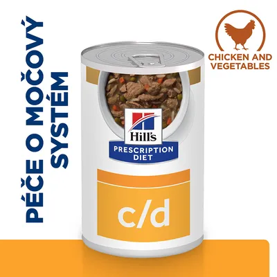Konzerva Hill's Prescription Diet c/d, text: PÉČE O MOČOVÝ SYSTÉM, CHICKEN AND VEGETABLES, zobrazené kúsky mäsa a zeleniny vo vnútri konzervy.