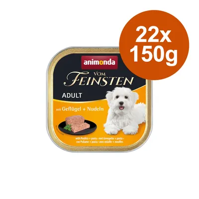 Animonda Vom Feinsten Adult siipikarjalla ja nuudeleilla, 22x150g. Koirien märkäruoka kupissa, valkoinen koira ja ruoka-annos lautasella.