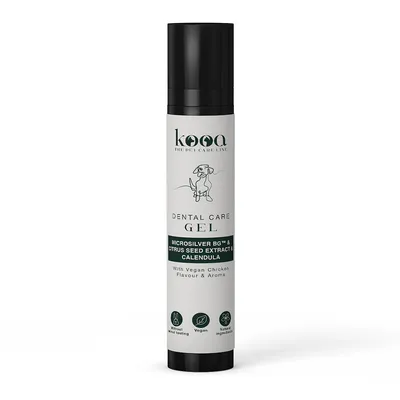 kooa Dental Care Gel med Microsilver BG™, citrusfröextrakt och ringblomma. Vegansk, naturliga ingredienser, ej djurtestad. Smak: vegansk kyckling.