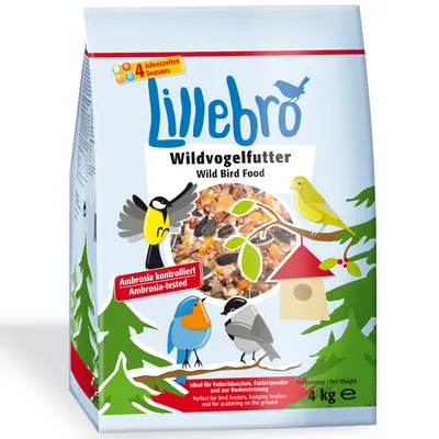 Lillebro vildfuglefoder, ambrosia-kontrolleret, ideel til foderhuse, foderautomater og udstrøning på jorden. 4 kg pakke.