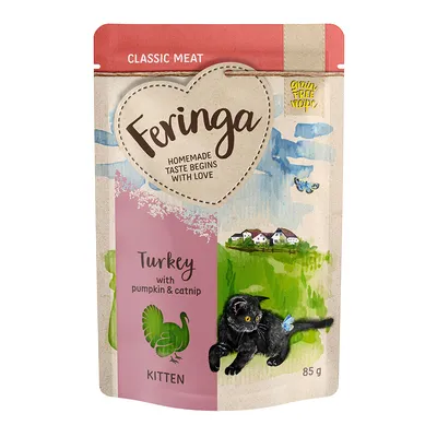 Sachet Feringa Classic Meat, Turkey with pumpkin & catnip, Kitten, 85 g. Texte anglais visible : Homemade taste begins with love, grain free recipe. Illustration chaton noir et dinde.