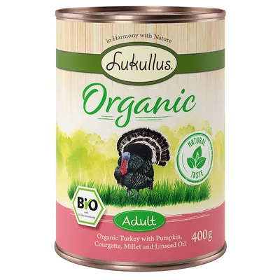 Puszka Lukullus Organic Adult, bio-indyk z dynią, cukinią, prosem i olejem lnianym. Certyfikat bio zgodnie z rozporządzeniem WE, 400g, znak Natural Taste.