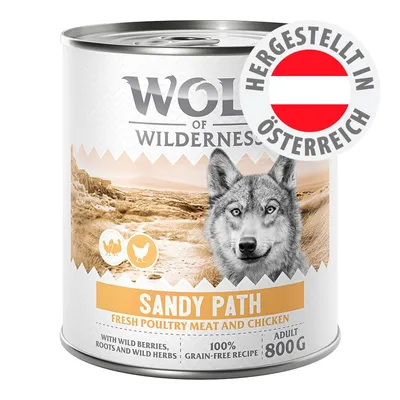 Wolf of Wilderness Sandy Path, fresh poultry meat and chicken, 100% getreidefreie Rezeptur, mit Wildbeeren, Wurzeln und Wildkräutern, hergestellt in Österreich, 800g