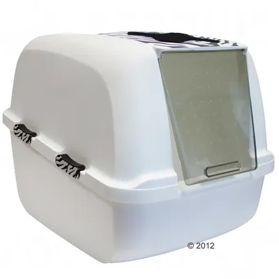 Valkoinen kissanvessa kääntyvällä kannella ja läpinäkyvällä sisäänkäynnillä, sivukahvat seeprakuviolla.