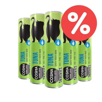 Cosma Snacks Tuna, liofilizado, 100% pescado puro. Diseño de envase verde con silueta de gato negra y símbolo de porcentaje rojo para promoción.