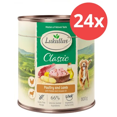 Lukullus Classic comida húmeda, variedad ave y cordero con patatas y aceite de lino, lata de 800g, pack de 24. Receta sin cereales, 66% ingredientes animales, verduras, hierbas y aceites.
