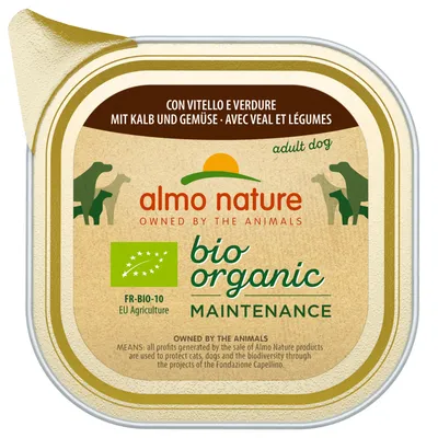 Barquette almo nature bio organic maintenance, avec veau et légumes, adult dog, FR-BIO-10 EU Agriculture, texte en anglais sur la vente au profit des animaux.