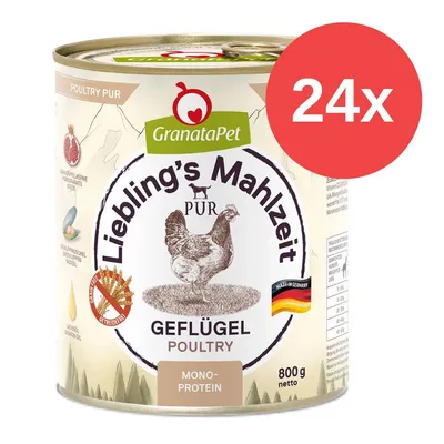 GranataPet Liebling's Mahlzeit Pur Geflügel, Monoprotein, 800g netto, Made in Germany, ohne Getreide, mit Granatapfelkerne und Lachsöl. Packung enthält 24 Dosen.