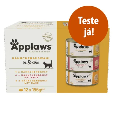Applaws Natural Cat Food Hähnchenauswahl in Brühe, 12 x 156 g. Inclui: 4 x Hähnchenbrust, 4 x Hähnchenbrust mit Ente, 4 x Hähnchenbrust mit Käse. Texto: Teste já!
