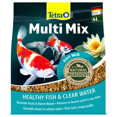 Tetra Pond Multi Mix 4L, 4in1 mix, no added preservatives, with natural ingredients, no colourants. Healthy fish & clear water. Made in Germany. Visible koi and goldfish on pack. Tetra Pond Multi Mix 4L, 4in1 mix, no added preservatives, with natural ingredients, no colourants. Healthy fish & clear water. Made in Germany. Visible koi and goldfish on pack.
