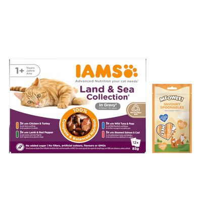 112 g gratis! 12x85 g IAMS Advanced Nutrition + 112 g Meowee! Savoury Spoonables Adult Land & Sea Mix în sos + Pui 112 g