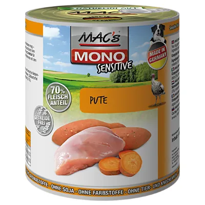 MAC's MONO Sensitive Pute -koiran märkäruoka, 70 % Fleischanteil, Getreidefrei, Made in Germany. Kuvassa kalkkunanlihaa ja bataattia.