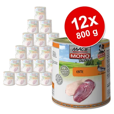 MAC's MONO Sensitive Ente, 12 κονσέρβες των 800 γρ. με πάπια, 70% Fleischanteil, Getreidefrei, Made in Germany, συσκευασία πολλαπλών τεμαχίων για σκύλους.