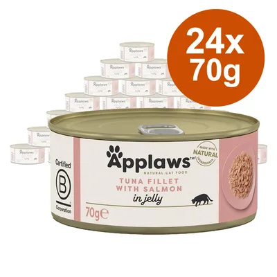 Applaws Tuna Fillet with Salmon in Jelly, 24x70g. Prikaz limenke s natpisom 'Certified B Corporation' i oznakom 'Made with natural ingredients'.