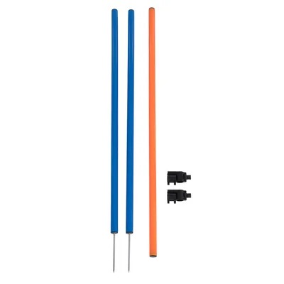 Deux barres bleues avec pointes métalliques, une barre orange sans pointe et deux petits éléments noirs en plastique, posés à plat sur fond blanc.