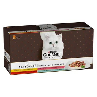 PURINA Gourmet A la Carte Rezepte des Küchenchefs, 60x85g. Mit Huhn, Forelle, Rind und Seelachs, verschiedene Gemüsesorten wie Spinat, Karotten, Tomaten und Pasta-Perlen. PURINA Gourmet A la Carte Rezepte des Küchenchefs, 60x85g. Mit Huhn, Forelle, Rind und Seelachs, verschiedene Gemüsesorten wie Spinat, Karotten, Tomaten und Pasta-Perlen.