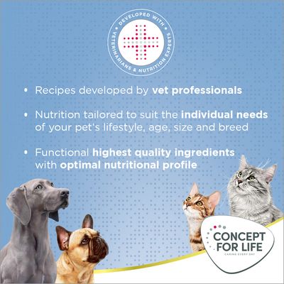 Testo in inglese: Developed with veterinarians & nutrition experts. Recipes developed by vet professionals. Concept for Life. Caring every day.