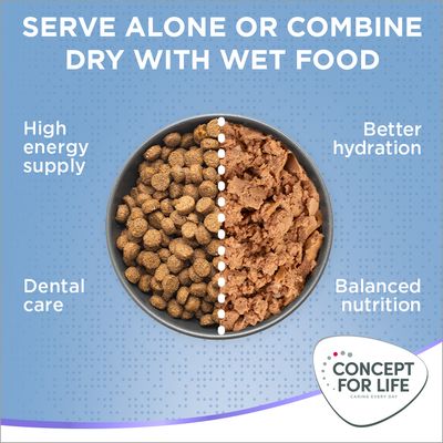 Testo in inglese: Serve alone or combine dry with wet food. High energy supply, dental care, better hydration, balanced nutrition. Concept for Life.