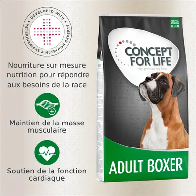 Concept for Life Adult Boxer, sac de croquettes avec texte : nourriture sur mesure, maintien de la masse musculaire, soutien de la fonction cardiaque. Pour chiens 22–38 kg.