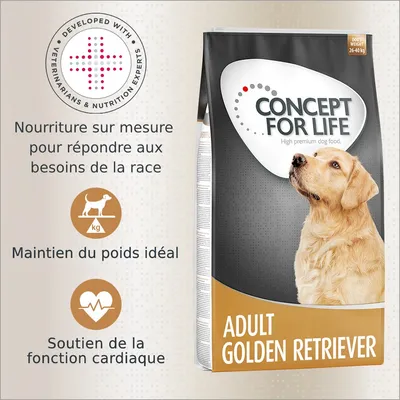Sachet Concept for Life Adult Golden Retriever, texte : Nourriture sur mesure pour répondre aux besoins de la race, maintien du poids idéal, soutien de la fonction cardiaque, poids 26–40 kg.