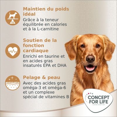 Maintien du poids idéal, soutien de la fonction cardiaque, pelage & peau. Concept for Life. Enrichi en L-carnitine, taurine, EPA, DHA, oméga-3, oméga-6, complexe vitamines B.