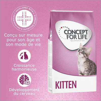 Concept for Life Kitten, croquettes pour chaton. Texte visible : conçu sur mesure pour son âge et son mode de vie, croissance harmonieuse, développement du cerveau.