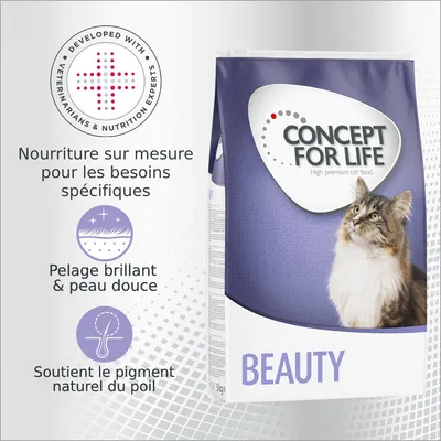 Concept for Life Beauty, nourriture pour chat. Texte visible : Nourriture sur mesure, pelage brillant & peau douce, soutient le pigment naturel du poil. 3 kg. Développé avec experts. Concept for Life Beauty, nourriture pour chat. Texte visible : Nourriture sur mesure, pelage brillant & peau douce, soutient le pigment naturel du poil. 3 kg. Développé avec experts.
