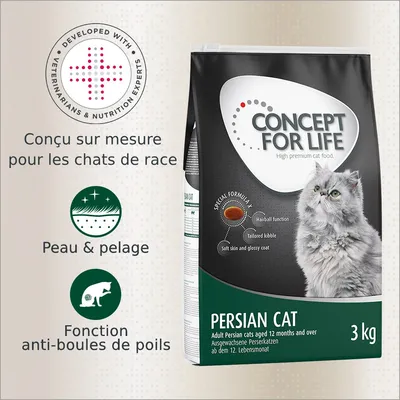 Sac Concept for Life Persian Cat 3 kg, conçu pour chats de race, peau & pelage, fonction anti-boules de poils, développé avec vétérinaires et experts en nutrition. Chat persan visible.