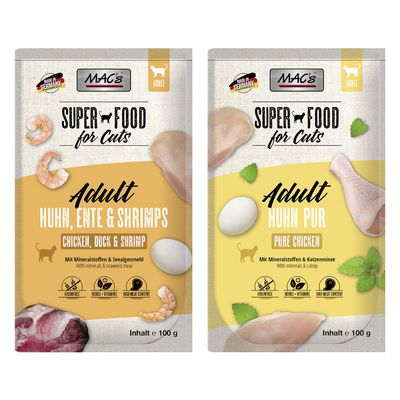 MAC's Superfood for Cats Adult Kurczak Pur. Z minerałami i kocimiętką, bez zbóż, zioła i witaminy, wysoka zawartość mięsa. Zawartość: 100g. Wyprodukowano w Niemczech.