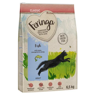 Feringa Classic Adult hrană pentru pisici, gust de pește cu mazăre, dovlecei și mentă pentru pisici. Cu pește proaspăt, fără cereale, gust autentic, ulei de somon. Mărime pachet: 6,5 kg.