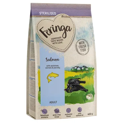 Feringa Sterilised Adult корм для кошек с лососем, картофелем, морковью и петрушкой. Без зерна, с свежей рыбой и лососевым маслом. Упаковка: 400 г.