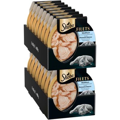 Sheba Filets Weißfisch aus verantwortungsbewusster Quelle, Verpackung mit mehreren Portionsschalen sichtbar.
