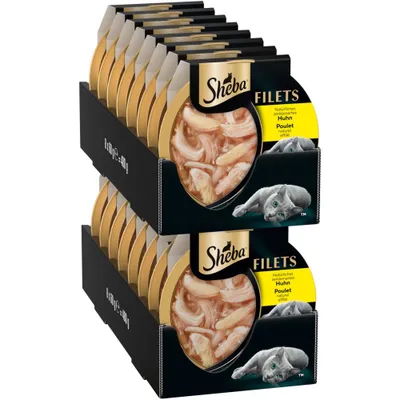 Sheba Fileter, naturligt strimlet kylling, emballage med flere portionsskåle synlige. Sheba Fileter, naturligt strimlet kylling, emballage med flere portionsskåle synlige.