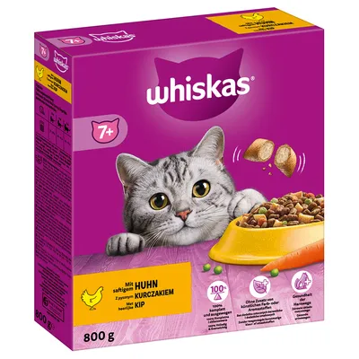 Boîte Whiskas 7+ pour chat, 800 g, saveur poulet. Texte visible : Mit Huhn, 100 % komplett und ausgewogen, Ohne Zusatz von künstlichen Farb- oder Aromastoffen, Gesundheit der Harnwege.
