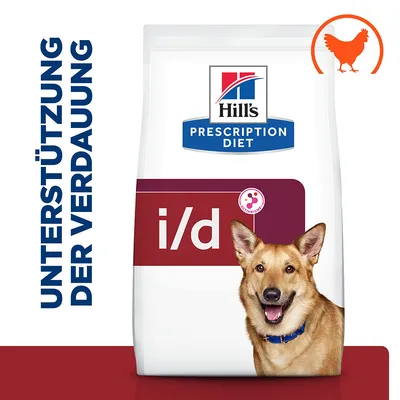 Hill's Prescription Diet i/d Hundefutter mit Huhn, unterstützt die Verdauung. Verpackung zeigt Hund und Symbol für Huhn.