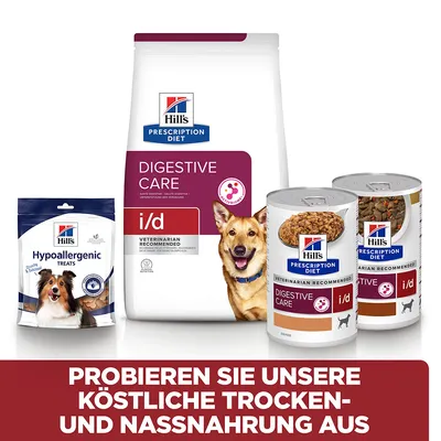 Hill's Prescription Diet Digestive Care i/d croquettes, pâtées et friandises Hypoallergenic pour chien. Texte en allemand : PROBIEREN SIE UNSERE KÖSTLICHE TROCKEN- UND NASSNAHRUNG AUS.