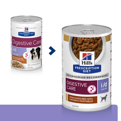Hill's Prescription Diet Digestive Care i/d Low Fat koiranruoka, kanalla ja vihanneksilla. Kuvassa vanha ja uusi pakkaus, näkyvissä tuotteen nimi ja koostumus.