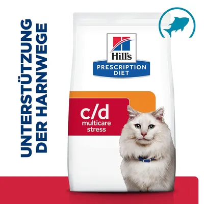 Hill's Prescription Diet c/d multicare stress, texte allemand «UNTERSTÜTZUNG DER HARNWEGE», image de poisson, emballage avec chat visible en partie basse. Hill's Prescription Diet c/d multicare stress, texte allemand «UNTERSTÜTZUNG DER HARNWEGE», image de poisson, emballage avec chat visible en partie basse.
