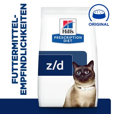 Hill's Prescription Diet z/d Original für Futtermittel-Empfindlichkeiten, Verpackung mit Katze abgebildet. Hill's Prescription Diet z/d Original für Futtermittel-Empfindlichkeiten, Verpackung mit Katze abgebildet.