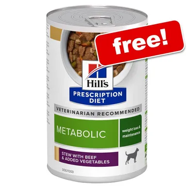 Hill's Prescription Diet Metabolic dog food tin, veterinarian recommended, weight loss & maintenance, stew with beef & added vegetables, free! label on can