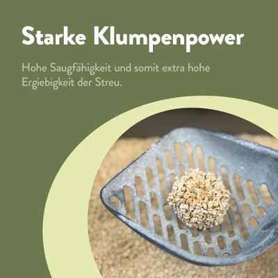 Starke Klumpenpower: Hohe Saugfähigkeit und extra hohe Ergiebigkeit der Streu. Abgebildet ist ein Klumpen auf einer Streuschaufel.