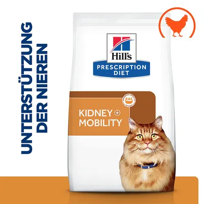 Hill's Prescription Diet Kidney + Mobility Katzenfutter mit Huhn. Unterstützung der Nieren. Abbildung einer Katze und Symbol für Huhn.