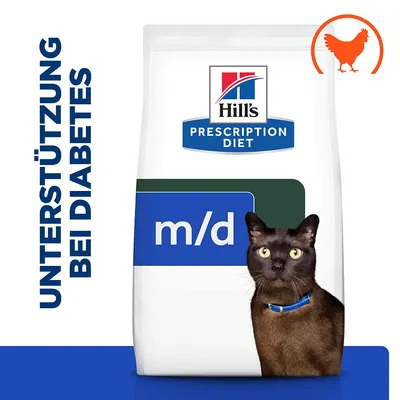 Hill's Prescription Diet m/d Katzenfutter mit Huhn, Unterstützung bei Diabetes. Verpackung zeigt eine braune Katze und ein Huhn-Symbol.