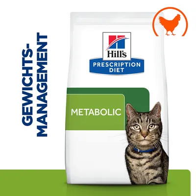 Hill's Prescription Diet Metabolic Gewichtsmanagement für Katzen, Geschmacksrichtung Huhn. Verpackung mit Bild einer Katze und Huhn-Symbol.