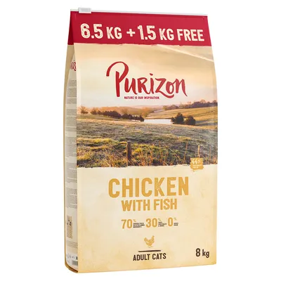 Purizon Chicken with Fish, 8 kg, felnőtt macskáknak. 6,5 kg + 1,5 kg FREE. 70% állati összetevő, 30% gyümölcs/zöldség, 0% gabona.