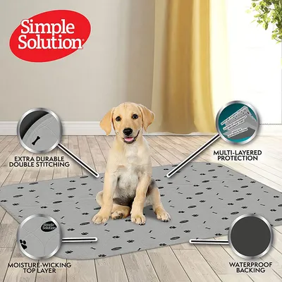 Simple Solution dog mat with extra durable double stitching, moisture-wicking top, waterproof underside and multi-layer protection.