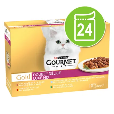Purina Gourmet Gold Double Délice Luxe Mix, 12x85g. Sorten: Ente & Truthahn, Rind & Huhn, Fisch in Spinatsauce, Kaninchen & Leber. Grünes Symbol mit Zahl 24 für Verpackungseinheiten.