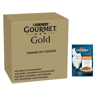 26x85 g gratis! 96x85 g Pachet Jumbo Gourmet Gold + gratis 26x85 g Gourmet Perle hrană umedă pisici - Gold 96 x 85 g Terină cu legume: vită și morcovi, pui, morcovi și zucchini, rață, morcovi și spanac, ton și tomate  + Perle Savoare în sos Pui 26 x 85 g 